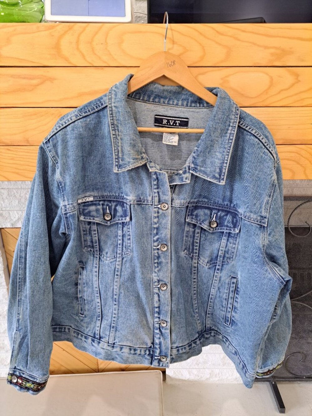 Vtg Aztec Southwestern Womens 3XL Feather Trim Denim Jacket Embroidery Hong Kong - Picture 7 of 11